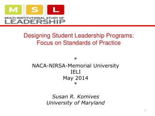 * NACA-NIRSA-Memorial University IELI May 2014 * Susan R. Komives University of Maryland