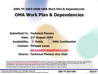 OMA-TP-2003-0408- OMA Work Plan &amp; Dependencies OMA Work Plan &amp; Dependencies