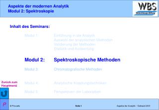 Inhalt des Seminars: Modul 1: 	Einführung in die Analytik 			Auswahl der analytischen Methoden
