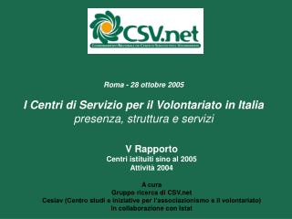 V Rapporto Centri istituiti sino al 2005 Attività 2004 A cura Gruppo ricerca di CSV