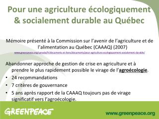 Pour une agriculture écologiquement &amp; socialement durable au Québec