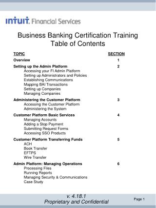 Business Banking Certification Training Table of Contents