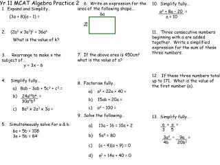 Yr 11 MCAT Algebra Practice 2