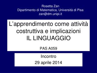 L ’ apprendimento come attività costruttiva e implicazioni IL LINGUAGGIO PAS A059