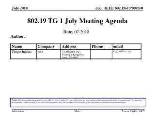 802.19 TG 1 July Meeting Agenda