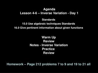 Agenda Lesson 4-6 – Inverse Variation - Day 1