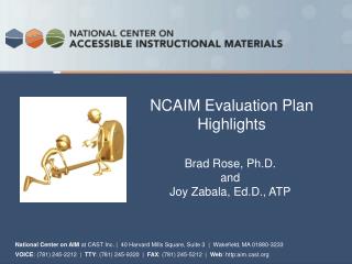 NCAIM Evaluation Plan Highlights