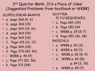 2 nd Quarter Math…It’s a Piece of Cake! ( Suggested Problems from textbook or WKBK )