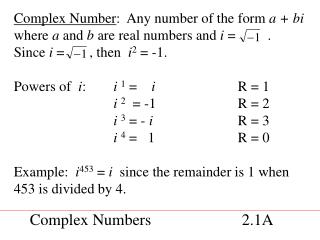Complex Numbers		 2.1A