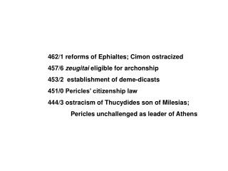 462/1 reforms of Ephialtes; Cimon ostracized 		457/6 zeugitai eligible for archonship
