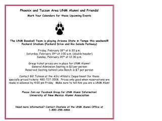 Phoenix and Tucson Area UNM Alumni and Friends! Mark Your Calendars for these Upcoming Events