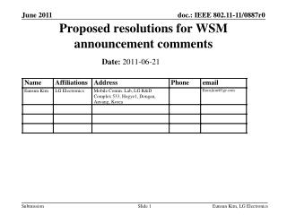 Proposed resolutions for WSM announcement comments
