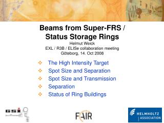 Beams from Super-FRS / Status Storage Rings Helmut Weick EXL / R3B / ELISe collaboration meeting