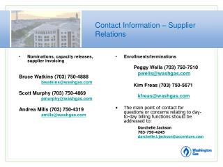 Contact Information – Supplier Relations