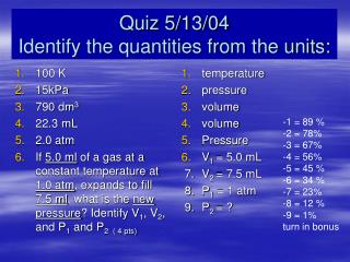 Quiz 5/13/04 Identify the quantities from the units: