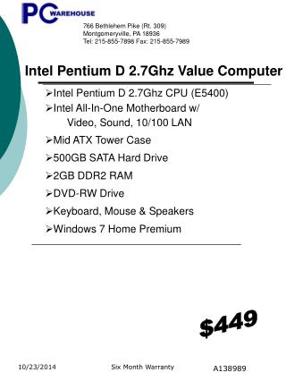 Intel Pentium D 2.7Ghz CPU ( E5400 ) Intel All-In-One Motherboard w/ Video, Sound, 10/100 LAN