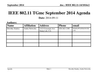 IEEE 802.11 TGmc September 2014 Agenda