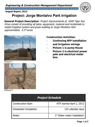 Construction Activities: Continuing BFP installation and Irrigation wirings