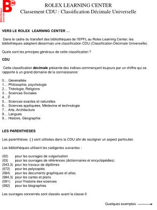 ROLEX LEARNING CENTER Classement CDU : Classification Décimale Universelle