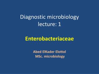 Diagnostic microbiology lecture: 1 Enterobacteriaceae Abed ElKader Elottol MSc . microbiology