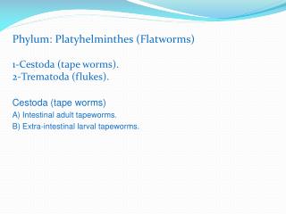 Phylum: Platyhelminthes (Flatworms) 1-Cestoda (tape worms). 2-Trematoda (flukes).