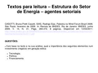 Textos para leitura – Estrutura do Setor de Energia – agentes setoriais