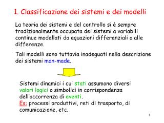 1. Classificazione dei sistemi e dei modelli