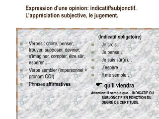 Expression d'une opinion: indicatif/subjonctif. L’appréciation subjective, le jugement.