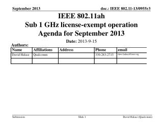IEEE 802.11ah Sub 1 GHz license-exempt operation Agenda for September 2013