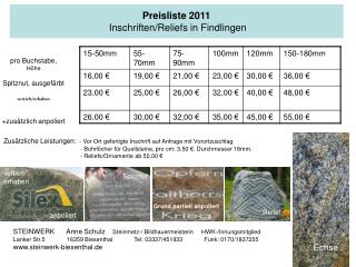 Preisliste 2011 Inschriften/Reliefs in Findlingen