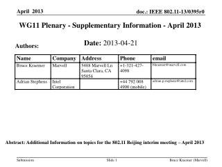 WG11 Plenary - Supplementary Information - April 2013