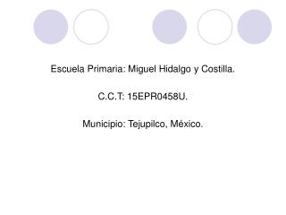 Escuela Primaria: Miguel Hidalgo y Costilla. C.C.T: 15EPR0458U. Municipio: Tejupilco, México.