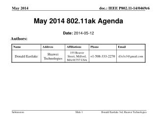 May 2014 802.11ak Agenda