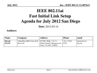 IEEE 802.11ai Fast Initial Link Setup Agenda for July 2012 San Diego