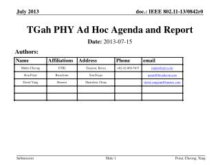 TGah PHY Ad Hoc Agenda and Report