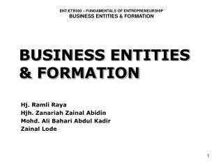 BUSINESS ENTITIES &amp; FORMATION
