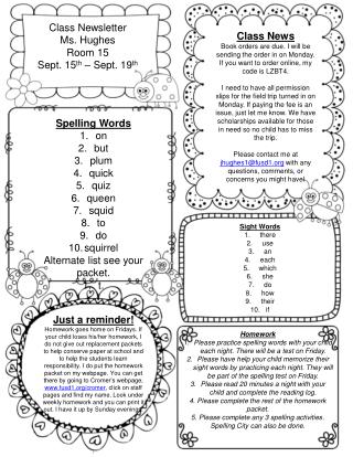 Class Newsletter Ms. Hughes Room 15 Sept. 15 th – Sept. 19 th