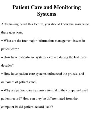 Patient Care and Monitoring Systems
