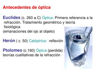 Antecedentes de óptica Euclides (c. 260 a.C) Óptica: Primera referencia a la
