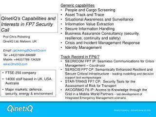 QinetiQ’s Capabilities and Interests in FP7 Security Call