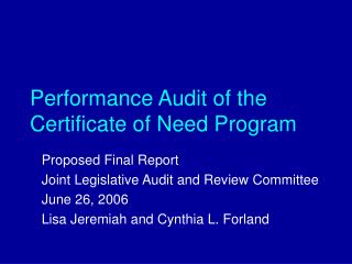 Performance Audit of the Certificate of Need Program