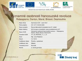 Významné osobnosti francouzské revoluce Robespierre, Danton, Marat, Brissot, Desmoulins