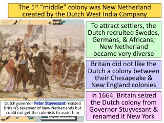 The 1 st “middle” colony was New Netherland created by the Dutch West India Company