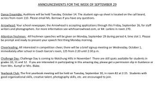 ANNOUNCEMENTS FOR THE WEEK OF SEPTEMBER 29