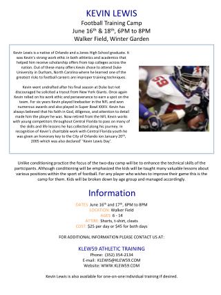 KEVIN LEWIS Football Training Camp June 16 th &amp; 18 th , 6PM to 8PM Walker Field, Winter Garden
