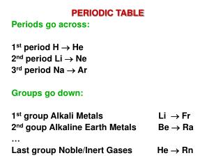 PERIODIC TABLE Periods go across: 1 st period H  He 2 nd period Li  Ne