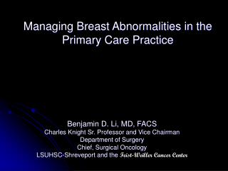Managing Breast Abnormalities in the Primary Care Practice
