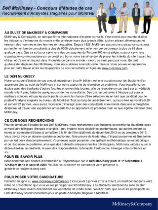 Défi McKinsey - Concours d’études de cas Recrutement d’Analystes stagiaires pour Montréal