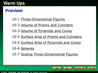 10-1 Three-Dimensional Figures 10-2 Volume of Prisms and Cylinders