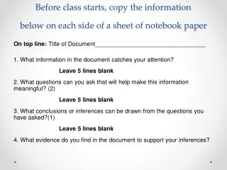Before class starts, copy the information below on each side of a sheet of notebook paper